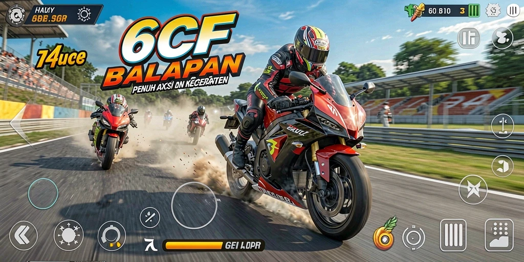 Screenshot utama menampilkan aksi balapan motor yang mendebarkan.