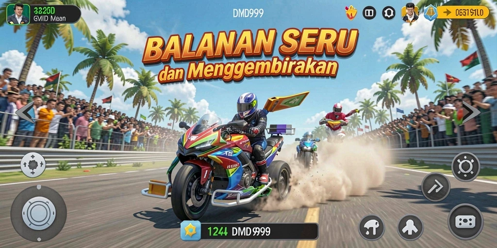 Gambaran gameplay DMD999 yang mendebarkan dengan balapan yang intens.