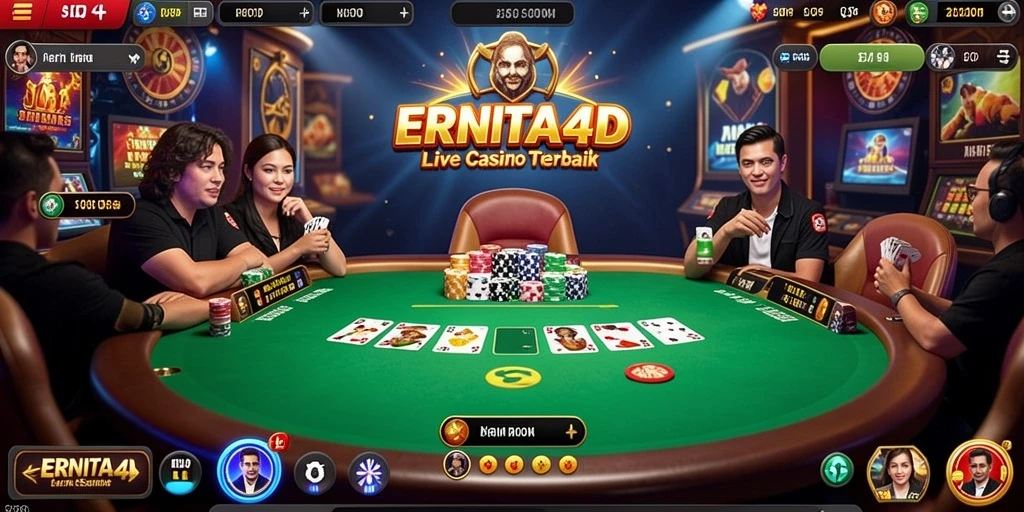 Screenshot gameplay ERNITA4D menampilkan dealer langsung dan suasana casino yang mendebarkan.
