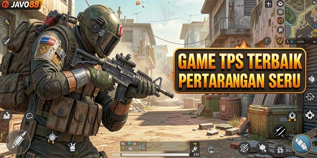 Screenshot utama JAVO88 menampilkan aksi tembak-menembak gameplay TPS yang intens.