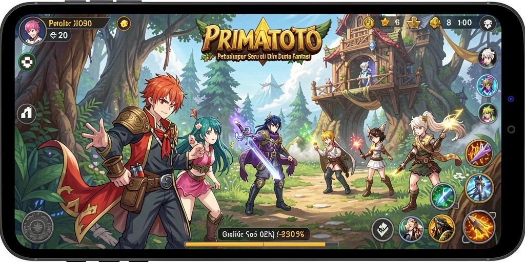Tampilan gameplay menarik dari PRIMATOTO dengan karakter anime unik.