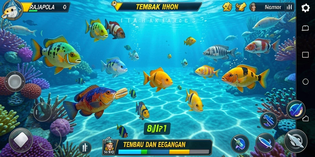 Screenshot utama RAJAPOLA menampilkan aksi menembak ikan yang seru.